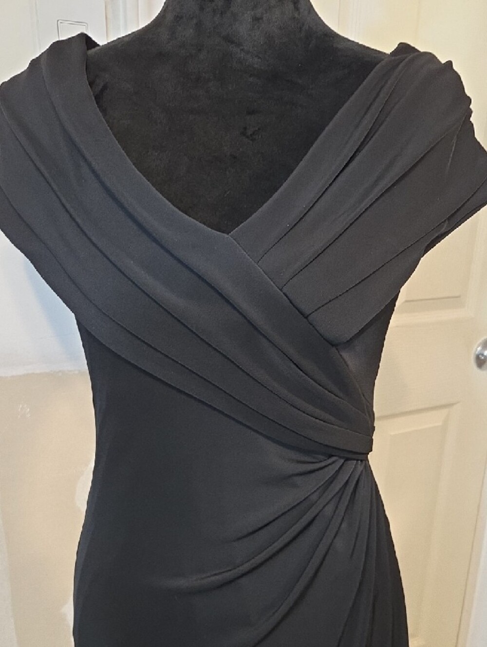 TADASHI Black Draped Maxi Dress Side Knot Crossed Bodice Short Sleeve Elegant - Picture 3 of 12